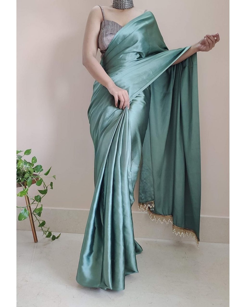 "Devsenas Delight: Luxurious Satin Saree with Lace Latkan Border - Mulberry Weaving Blouse Included"