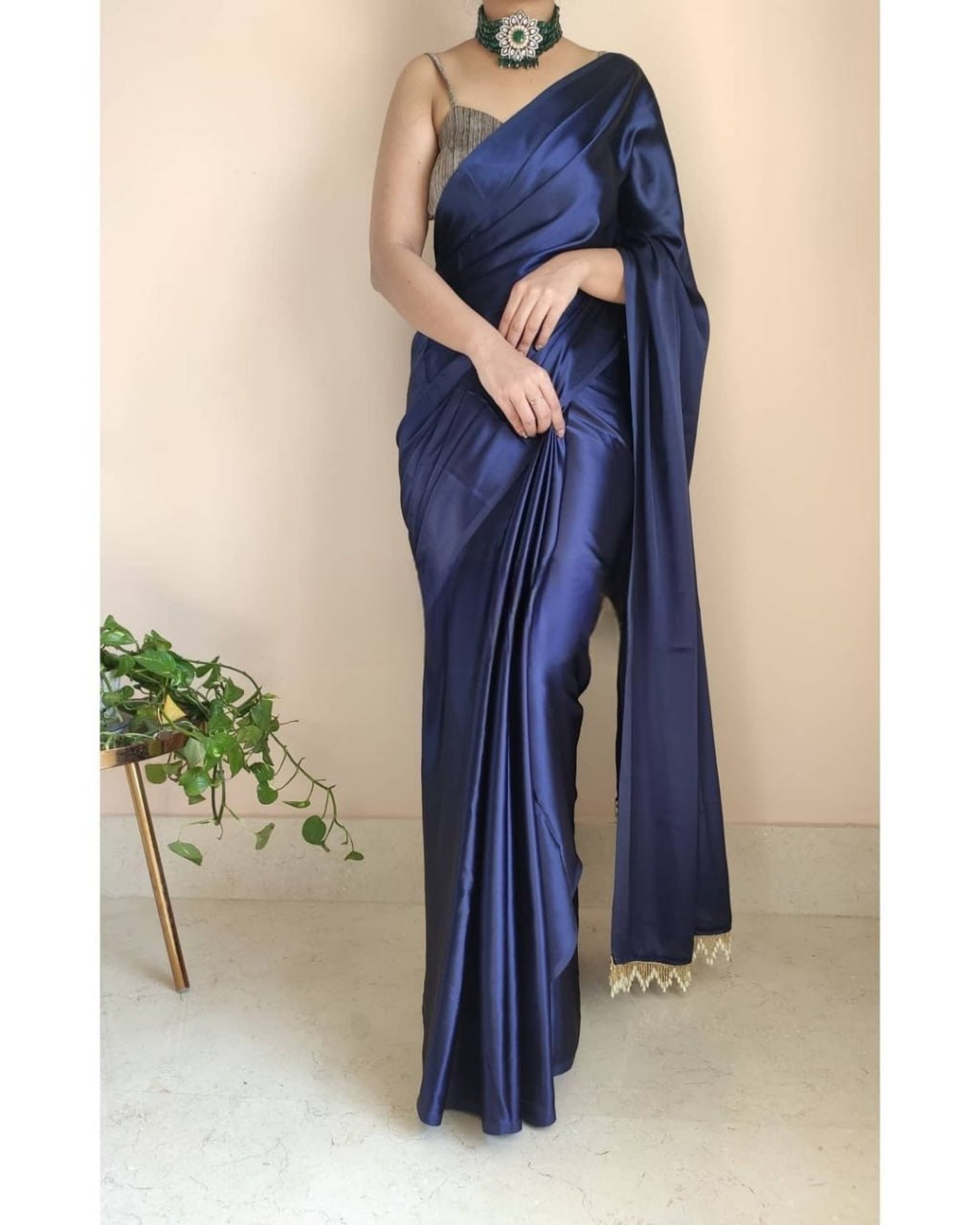 "Devsenas Delight: Luxurious Satin Saree with Lace Latkan Border - Mulberry Weaving Blouse Included"