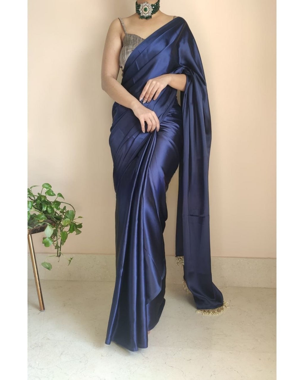 "Devsenas Delight: Luxurious Satin Saree with Lace Latkan Border - Mulberry Weaving Blouse Included"