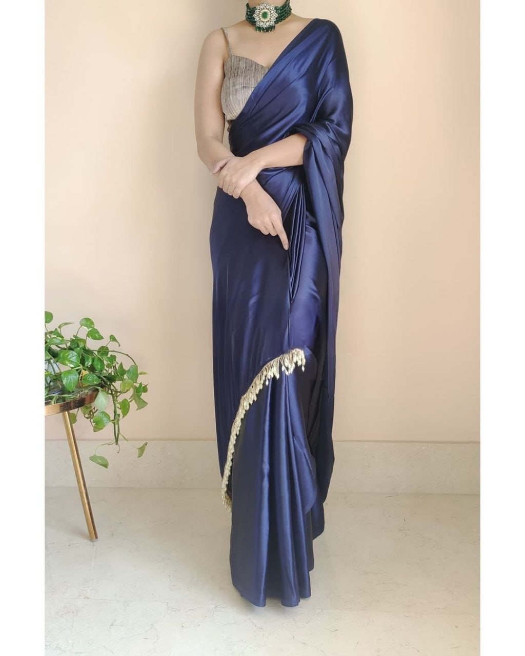 "Devsenas Delight: Luxurious Satin Saree with Lace Latkan Border - Mulberry Weaving Blouse Included"