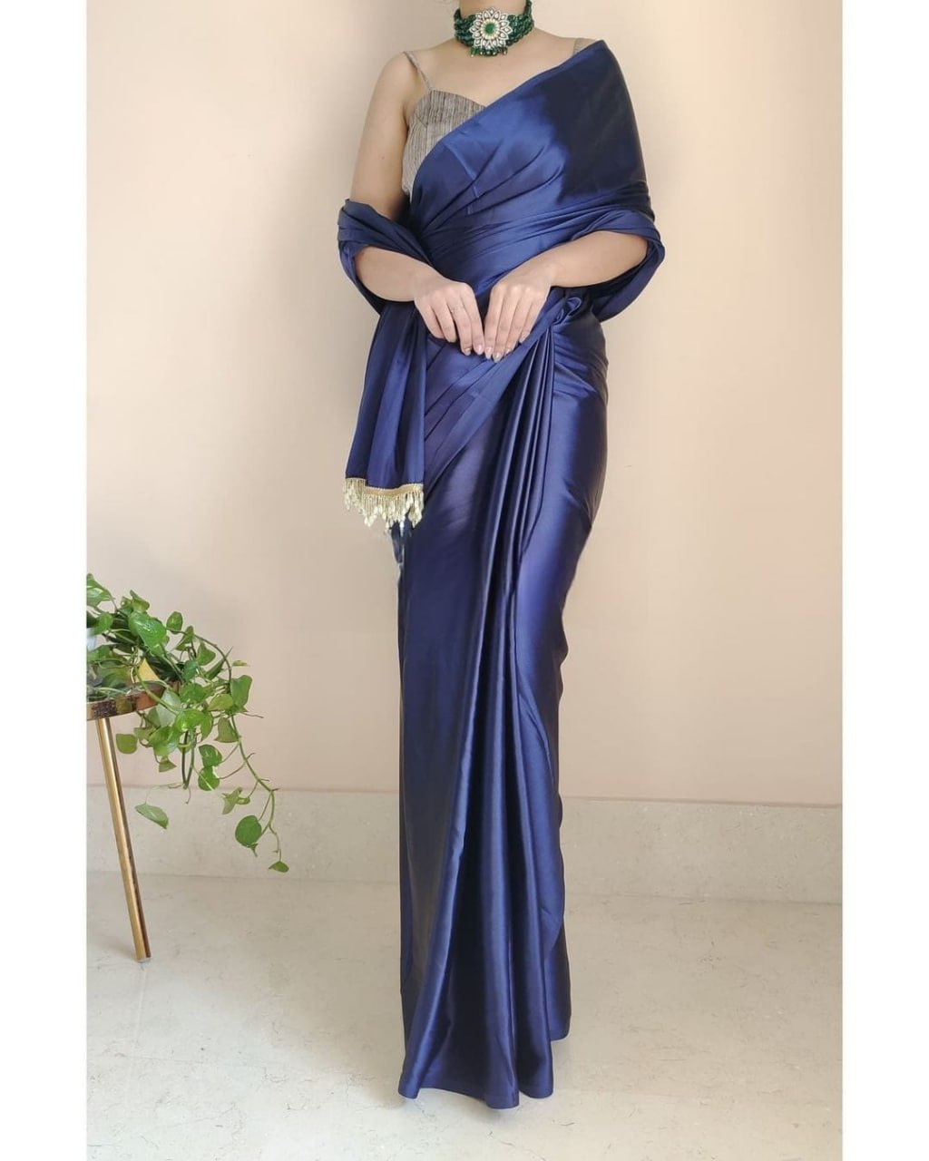 "Devsenas Delight: Luxurious Satin Saree with Lace Latkan Border - Mulberry Weaving Blouse Included"