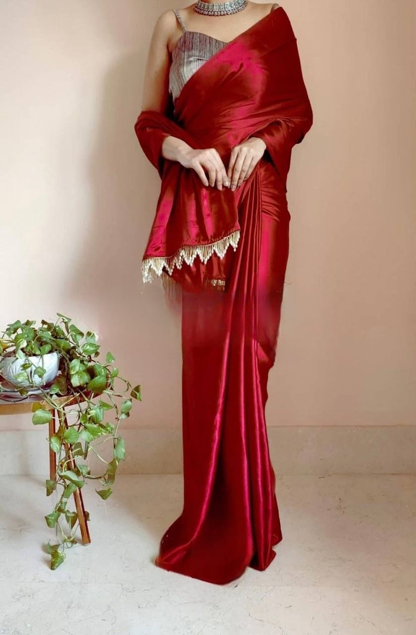 "Devsenas Delight: Luxurious Satin Saree with Lace Latkan Border - Mulberry Weaving Blouse Included"