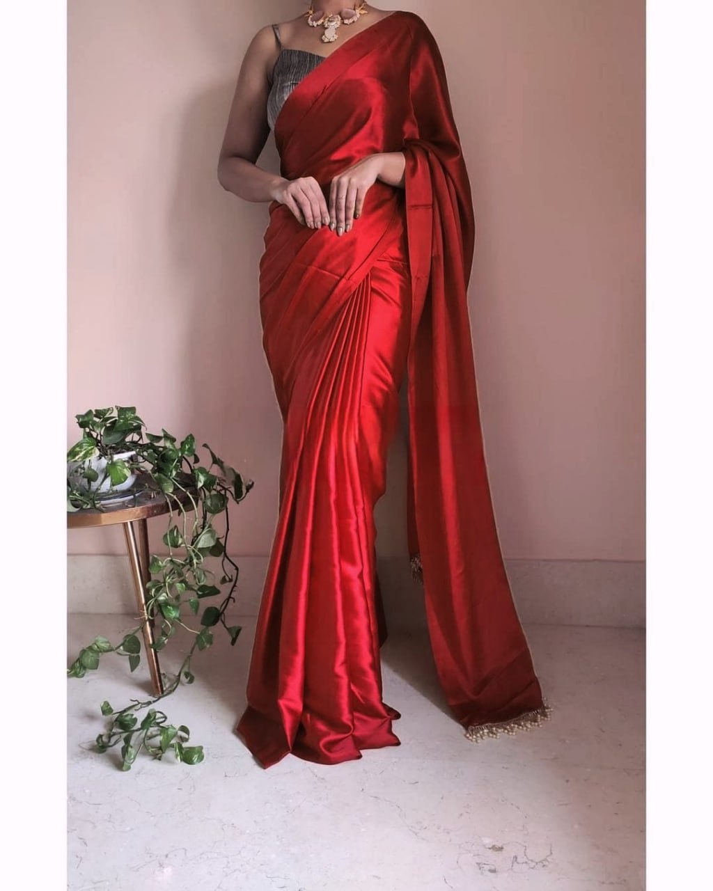 "Devsenas Delight: Luxurious Satin Saree with Lace Latkan Border - Mulberry Weaving Blouse Included"