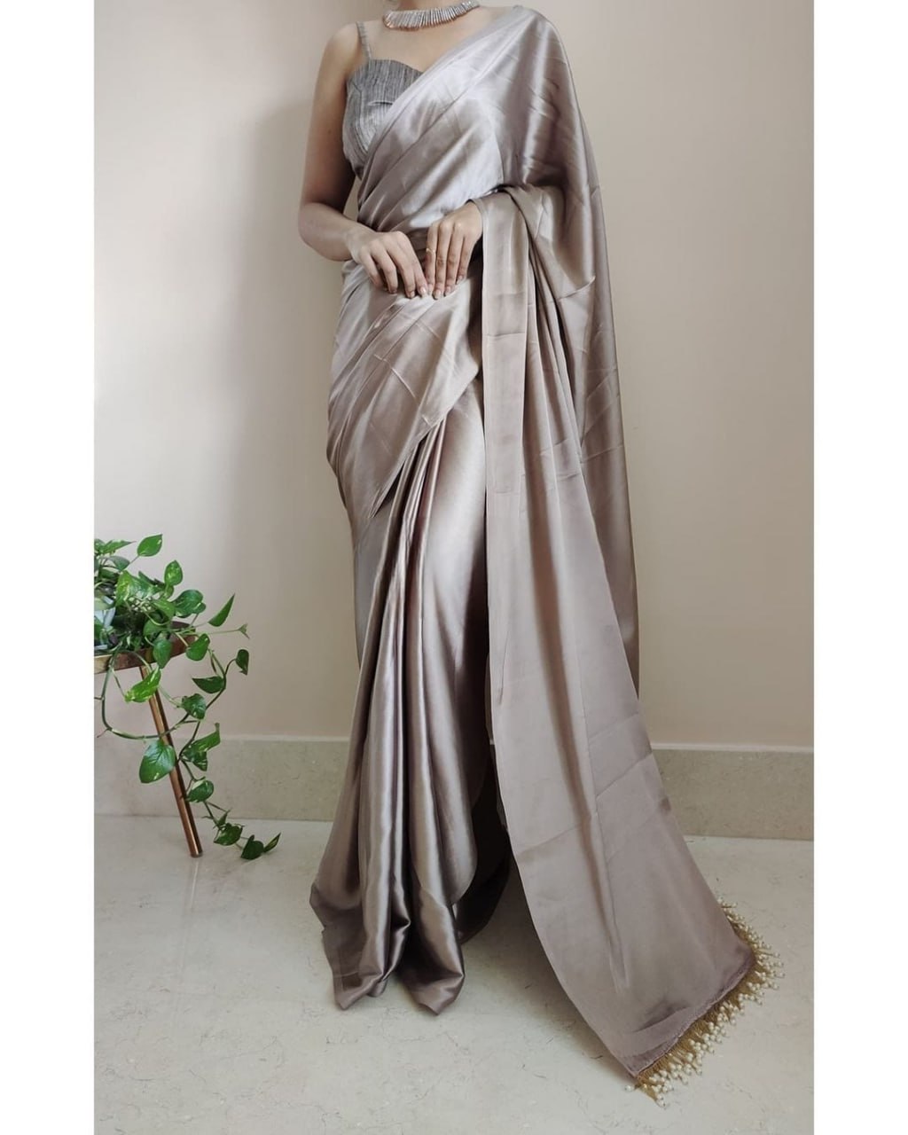 "Devsenas Delight: Luxurious Satin Saree with Lace Latkan Border - Mulberry Weaving Blouse Included"