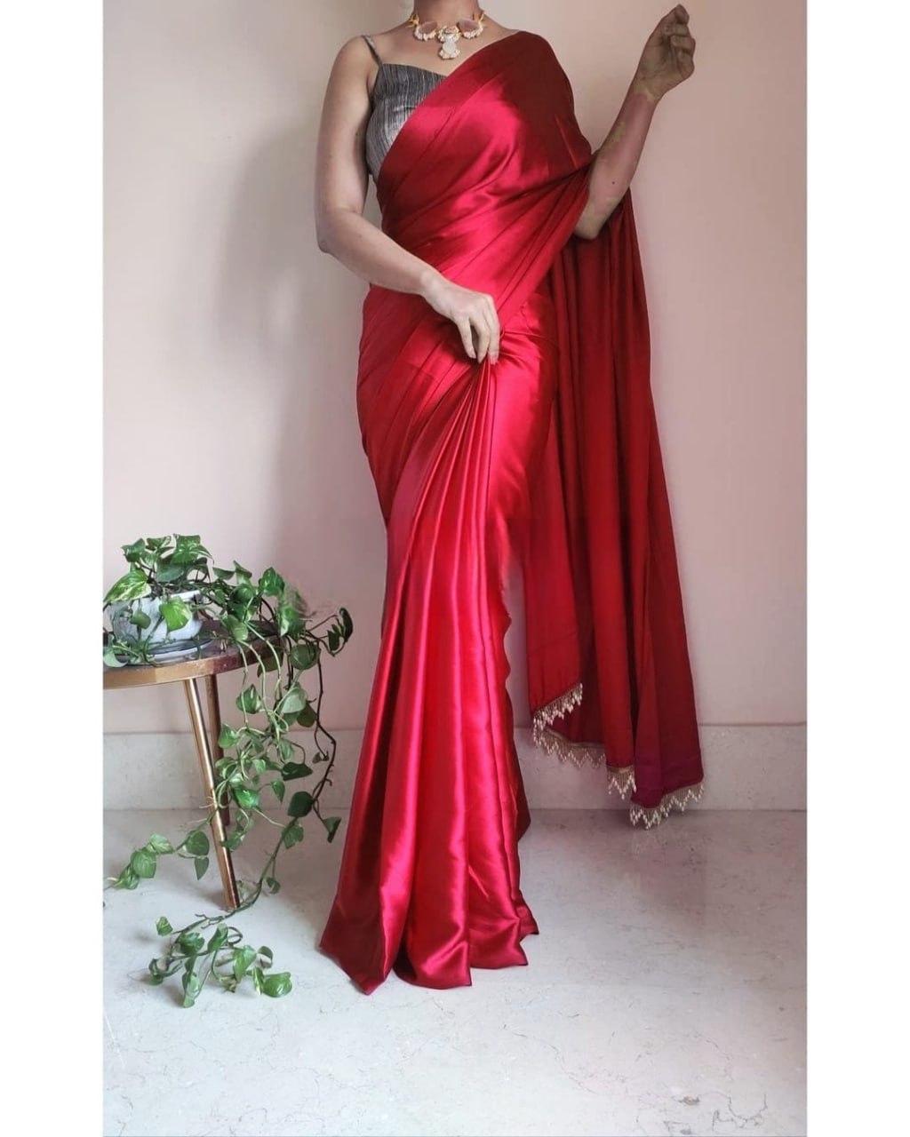 "Devsenas Delight: Luxurious Satin Saree with Lace Latkan Border - Mulberry Weaving Blouse Included"