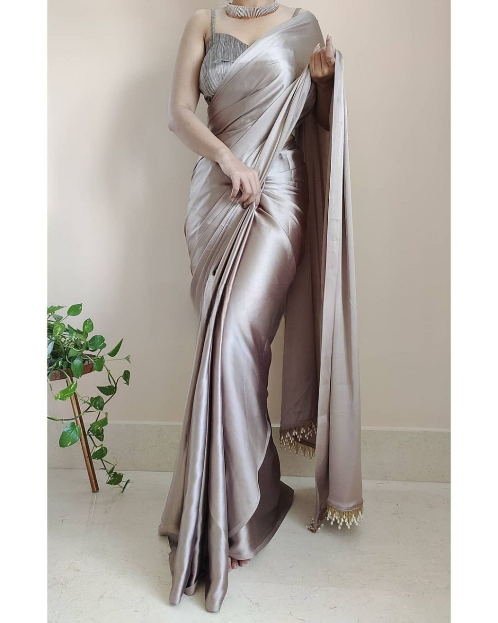 "Devsenas Delight: Luxurious Satin Saree with Lace Latkan Border - Mulberry Weaving Blouse Included"