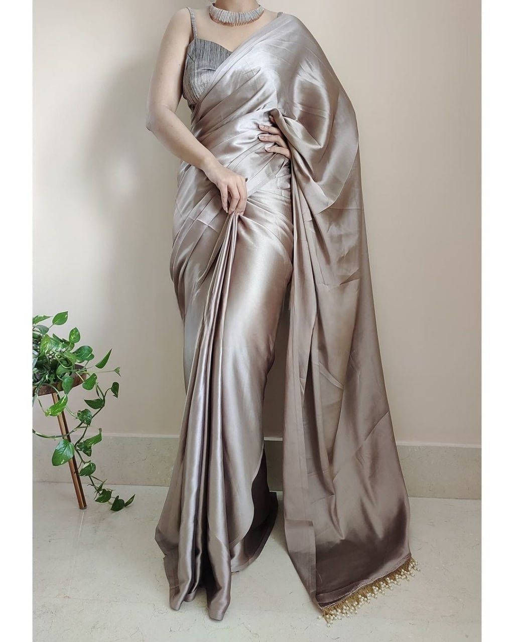 "Devsenas Delight: Luxurious Satin Saree with Lace Latkan Border - Mulberry Weaving Blouse Included"