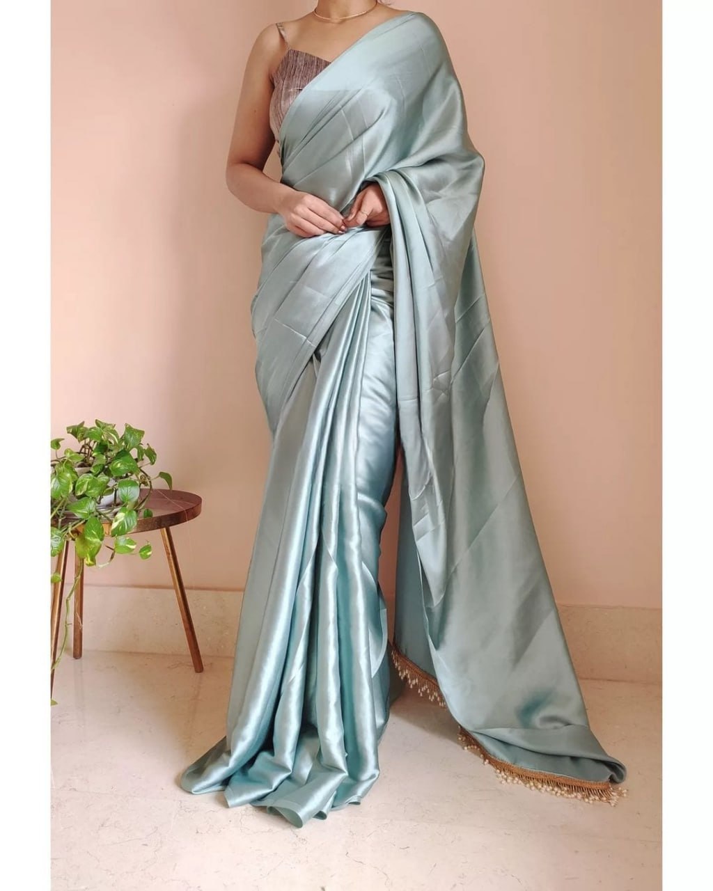 "Devsenas Delight: Luxurious Satin Saree with Lace Latkan Border - Mulberry Weaving Blouse Included"