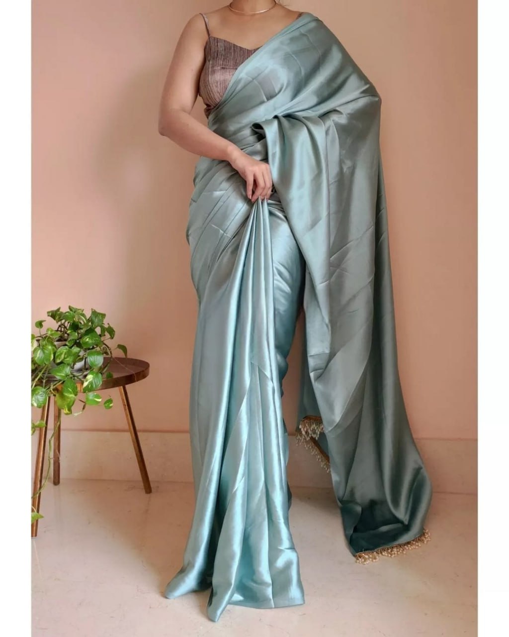 "Devsenas Delight: Luxurious Satin Saree with Lace Latkan Border - Mulberry Weaving Blouse Included"