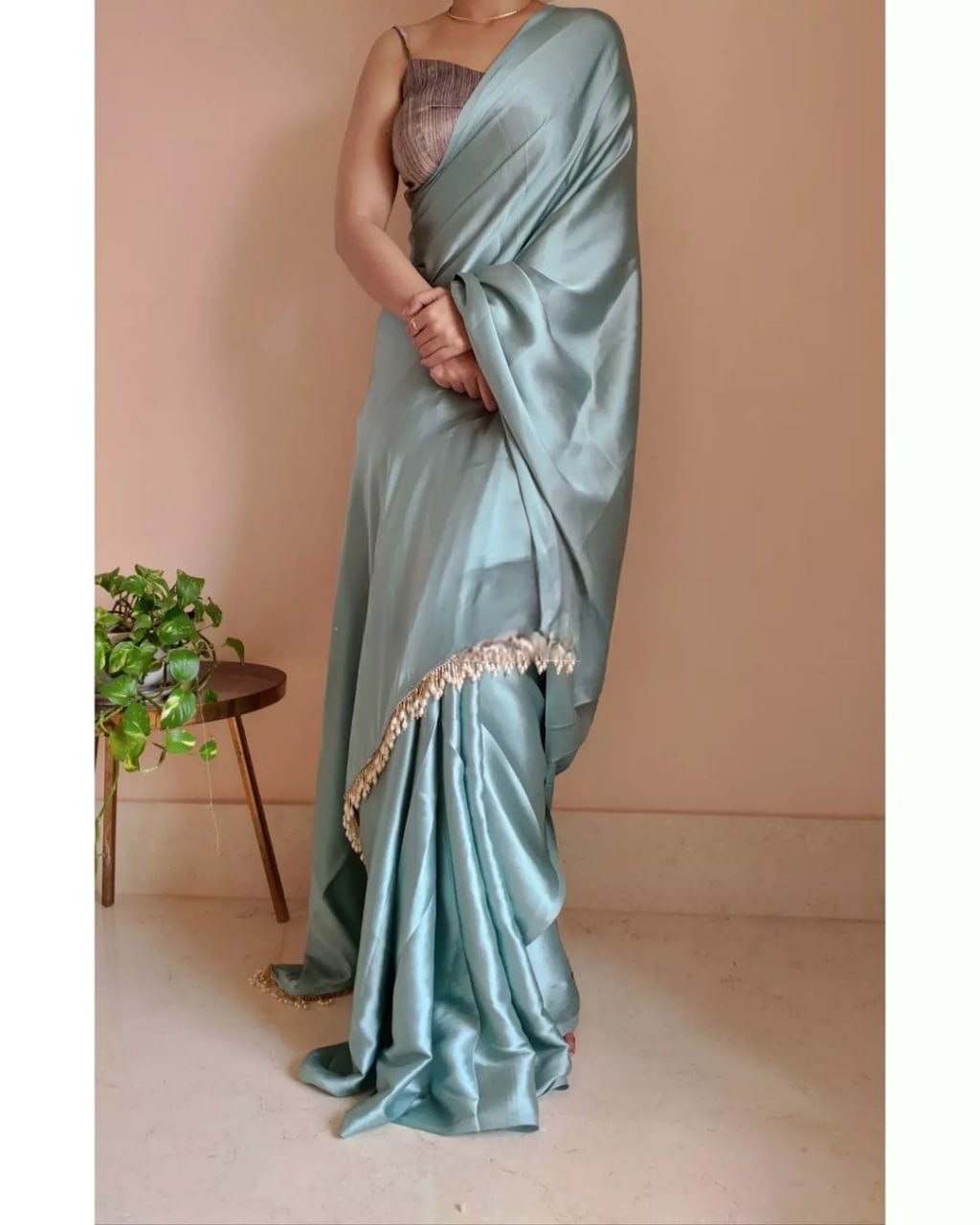 "Devsenas Delight: Luxurious Satin Saree with Lace Latkan Border - Mulberry Weaving Blouse Included"