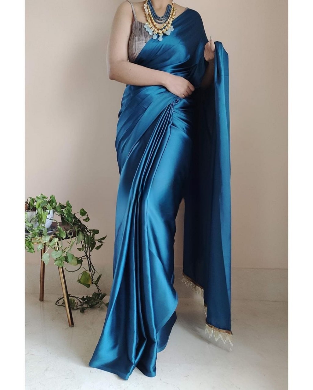 "Devsenas Delight: Luxurious Satin Saree with Lace Latkan Border - Mulberry Weaving Blouse Included"