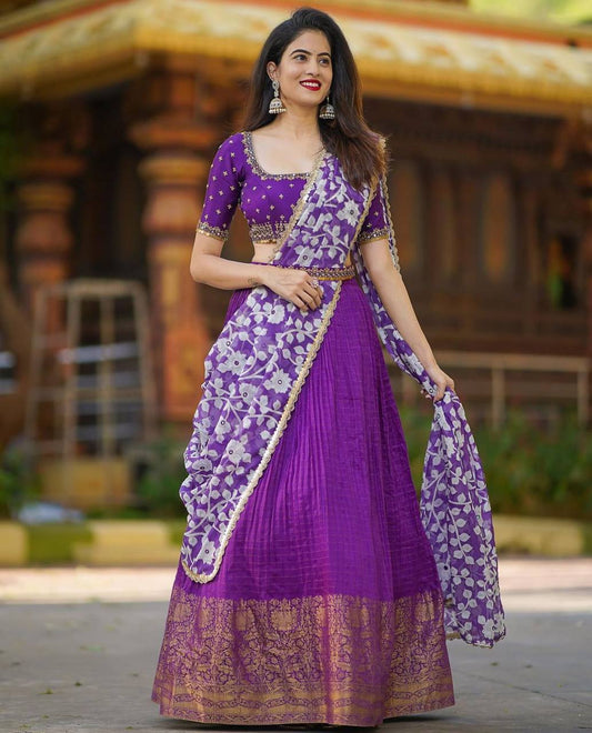 "Enchanting Jacquard Checkered Lehenga Choli Set: Luxurious Chinon Embroidered Blouse & Digital Print Dupatta"