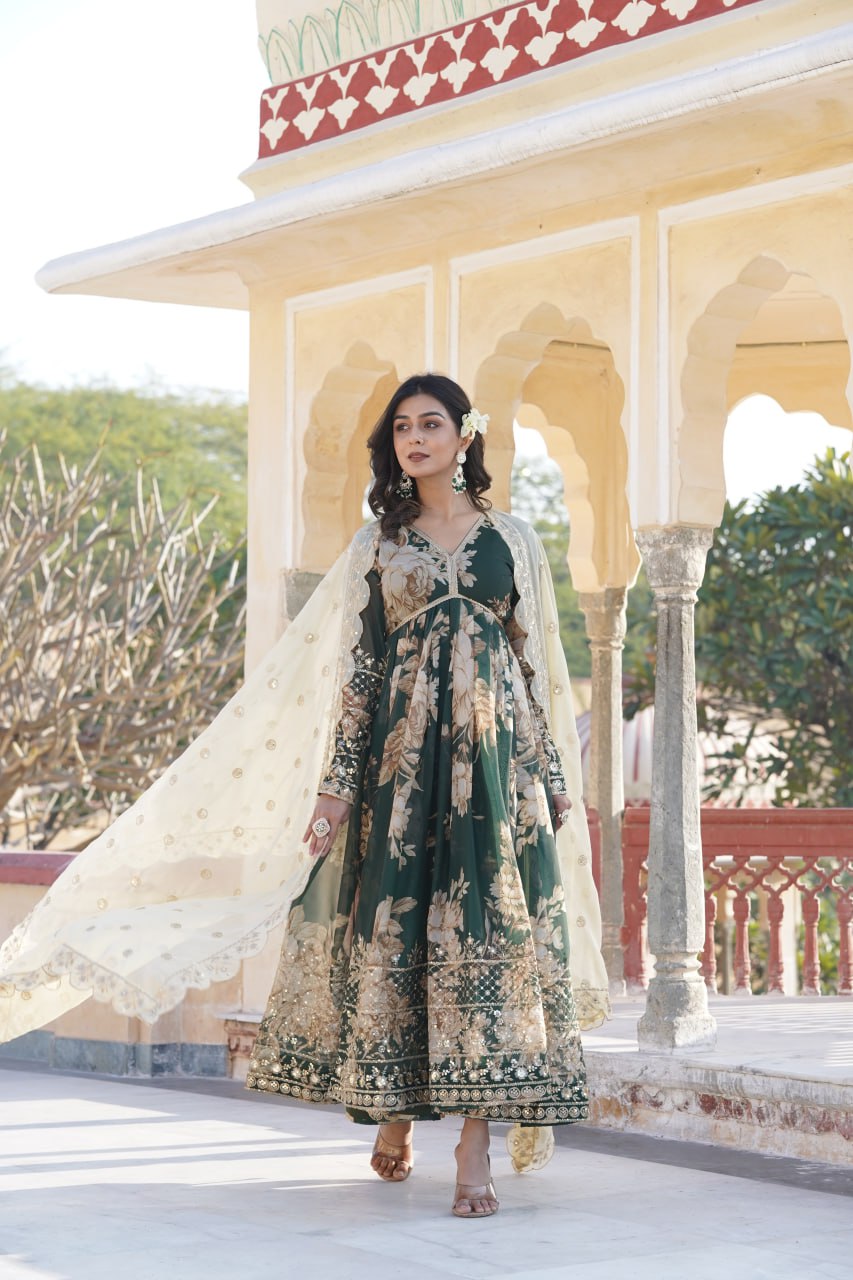 "Exquisite Alia Cut Gown Set: Digital Printed Russian Silk with Embroidery - Premium Quality"