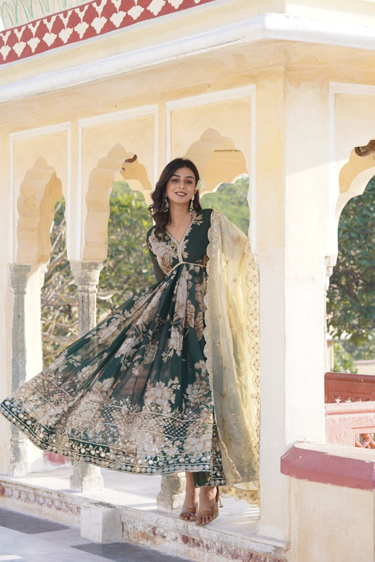 "Exquisite Alia Cut Gown Set: Digital Printed Russian Silk with Embroidery - Premium Quality"