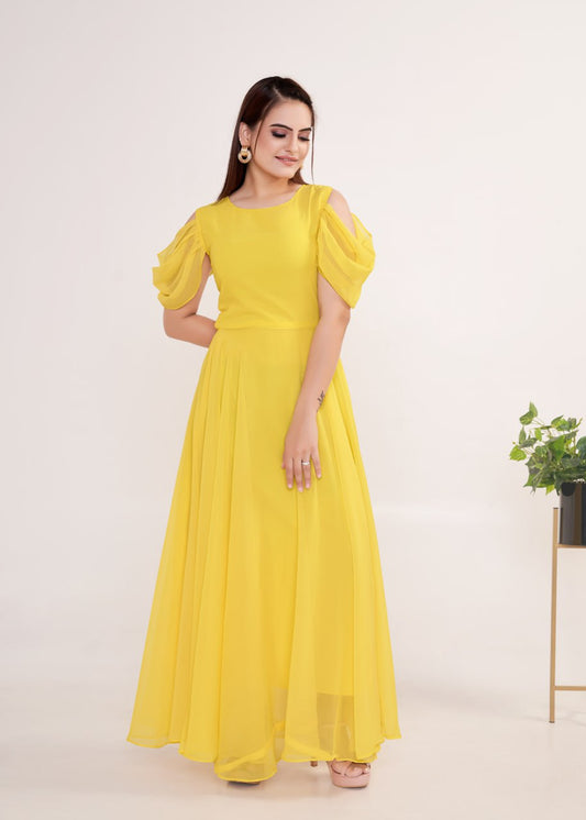 "Golden Glow: Georgette Flared A-line Gown in Vibrant Yellow"