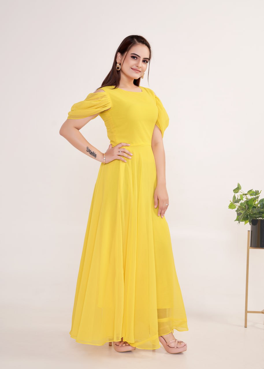 "Golden Glow: Georgette Flared A-line Gown in Vibrant Yellow"