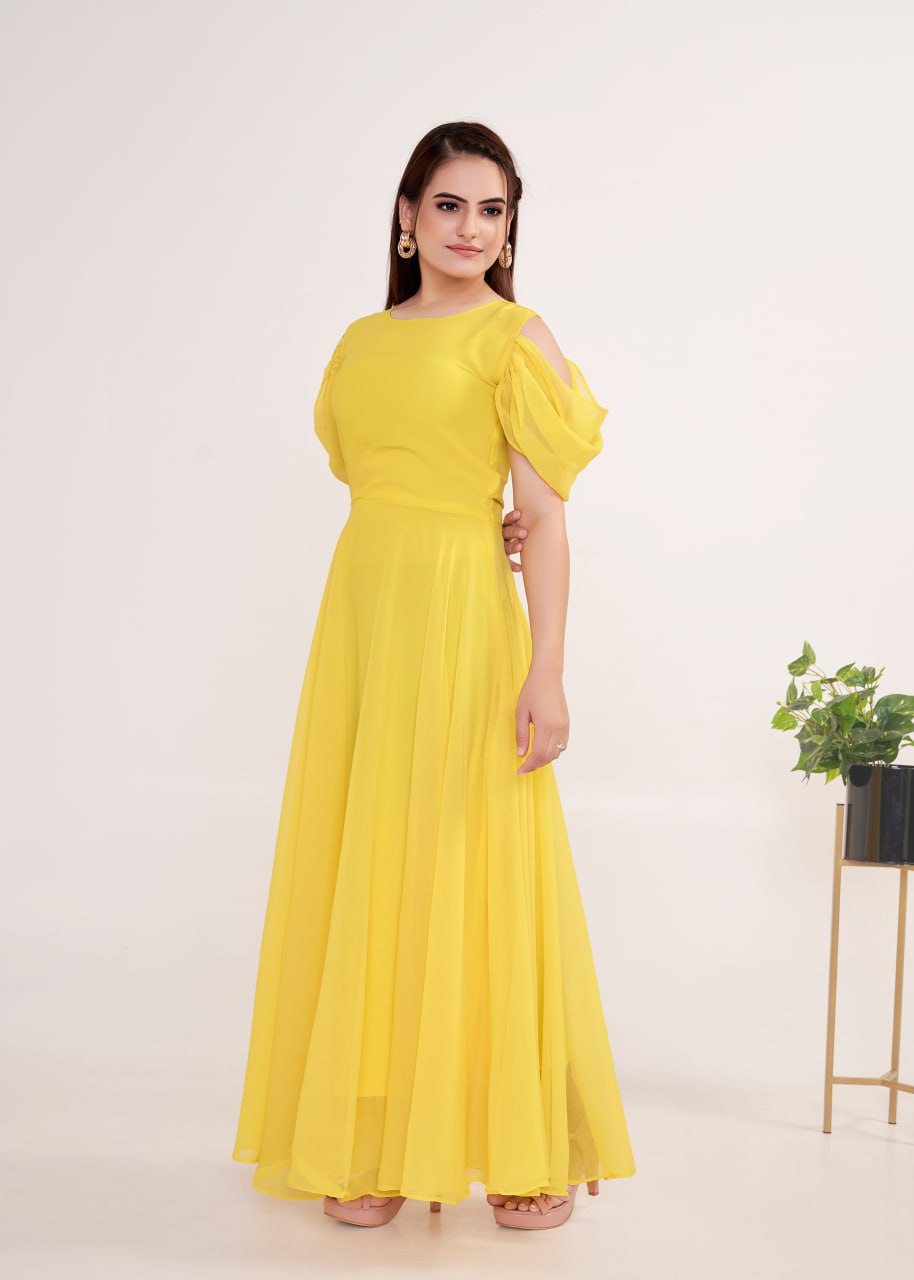 "Golden Glow: Georgette Flared A-line Gown in Vibrant Yellow"