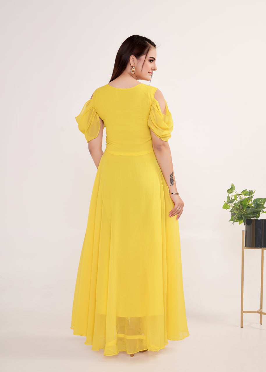 "Golden Glow: Georgette Flared A-line Gown in Vibrant Yellow"