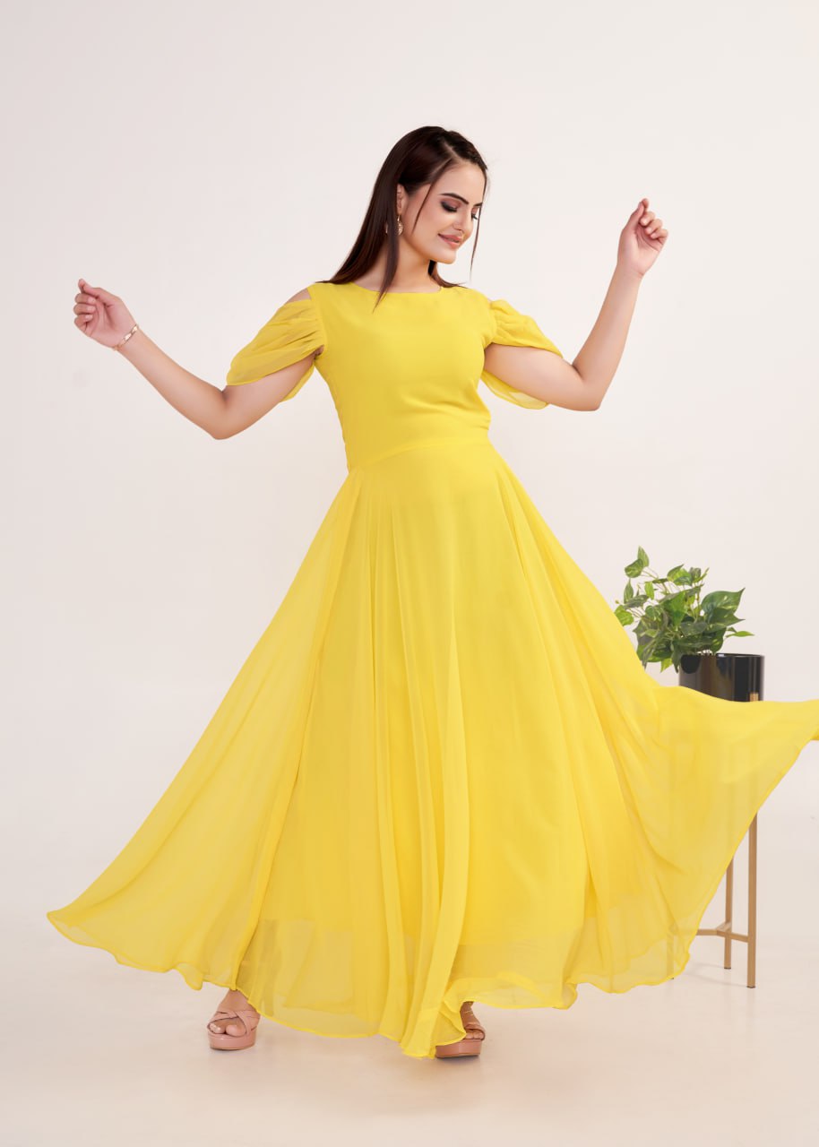 "Golden Glow: Georgette Flared A-line Gown in Vibrant Yellow"