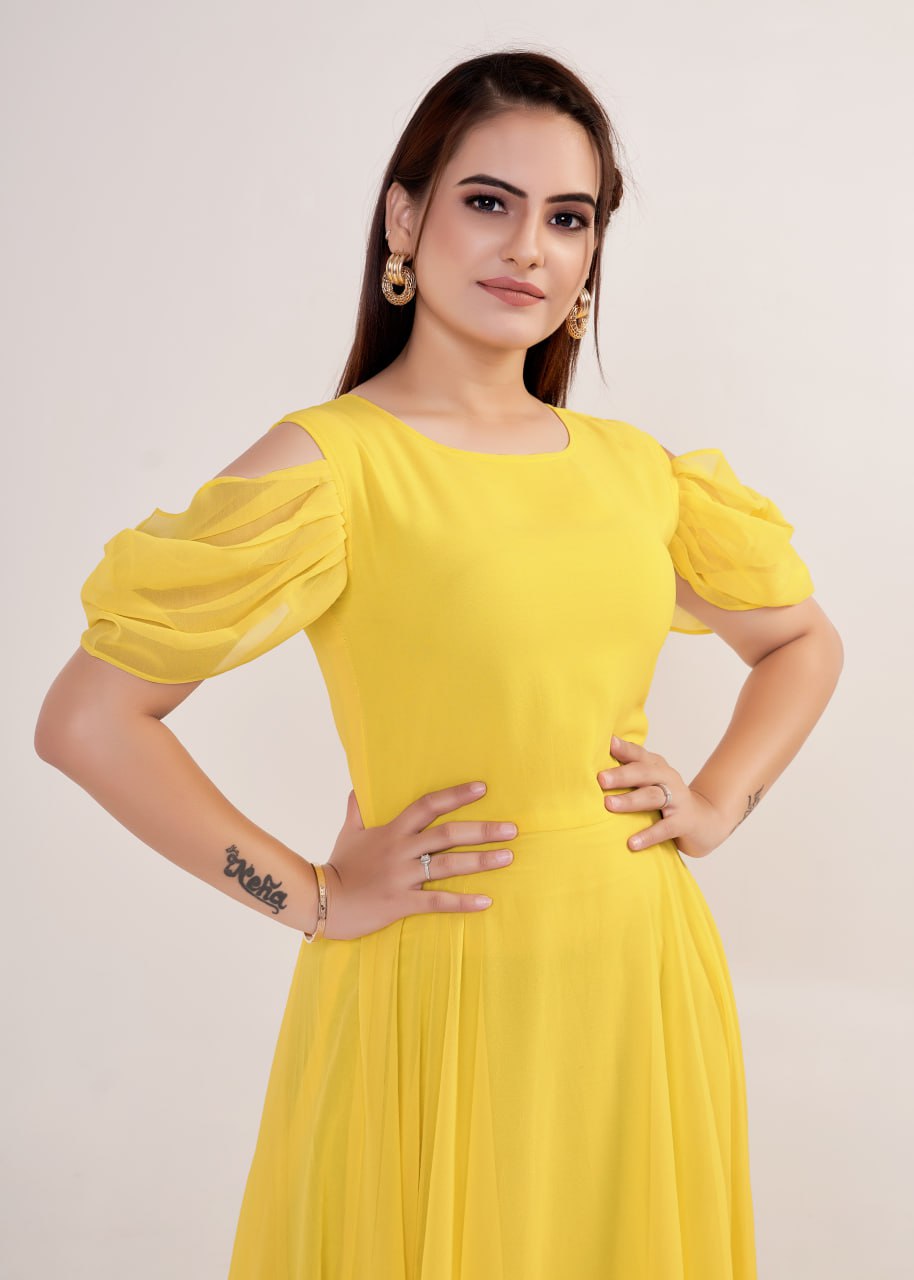 "Golden Glow: Georgette Flared A-line Gown in Vibrant Yellow"