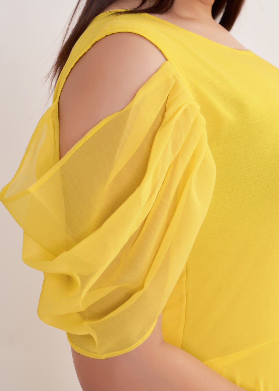 "Golden Glow: Georgette Flared A-line Gown in Vibrant Yellow"