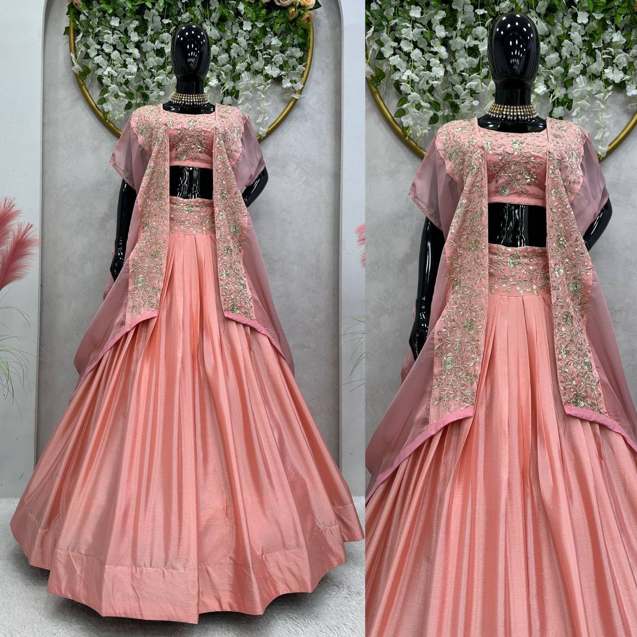 "Chinon Thread & Sequence Semi-Stitched Lehenga Set with Tabby Organza Shrug"