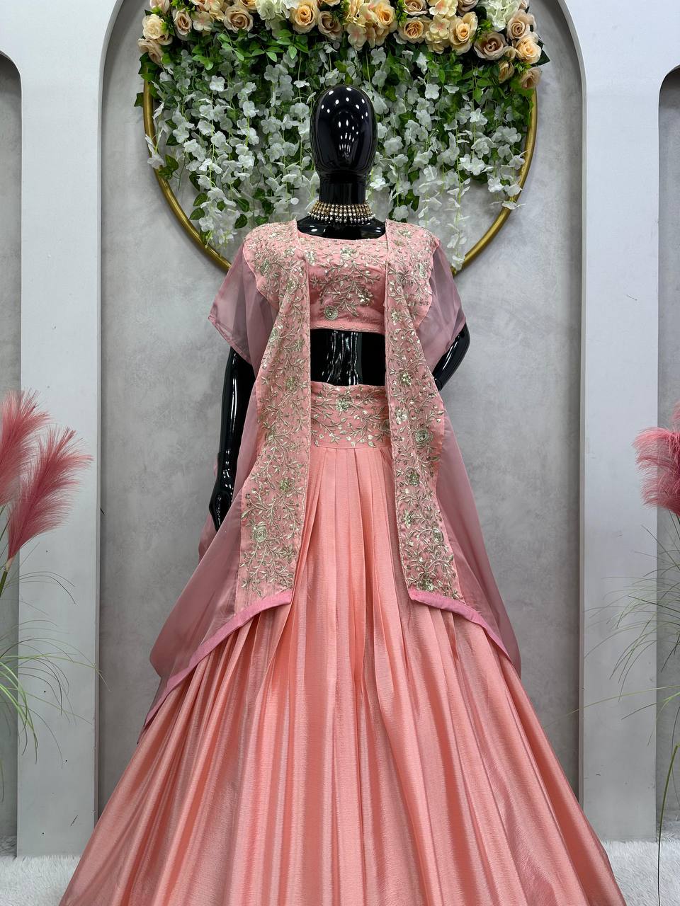 "Chinon Thread & Sequence Semi-Stitched Lehenga Set with Tabby Organza Shrug"