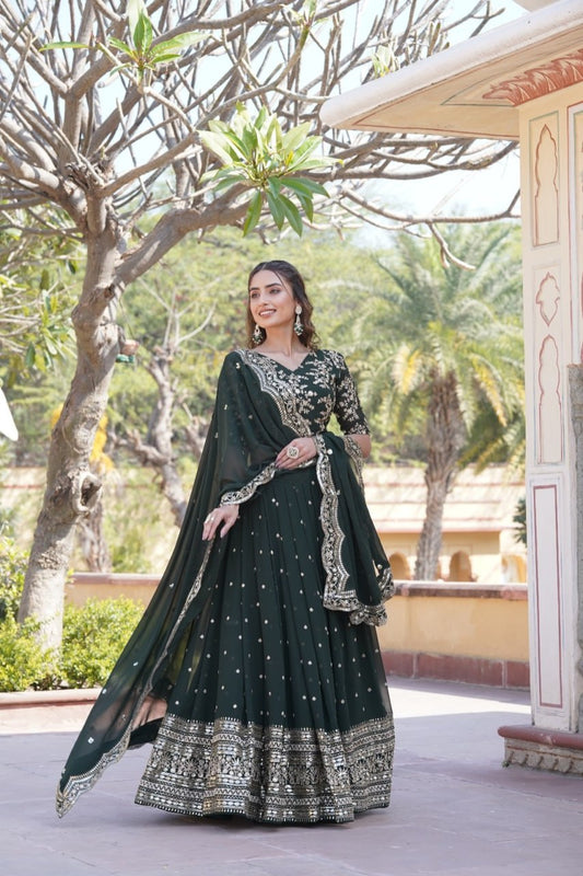 "Green Sequins Embroidered Lehenga Choli Set with Dupatta - Elegant Ethnic Ensemble"