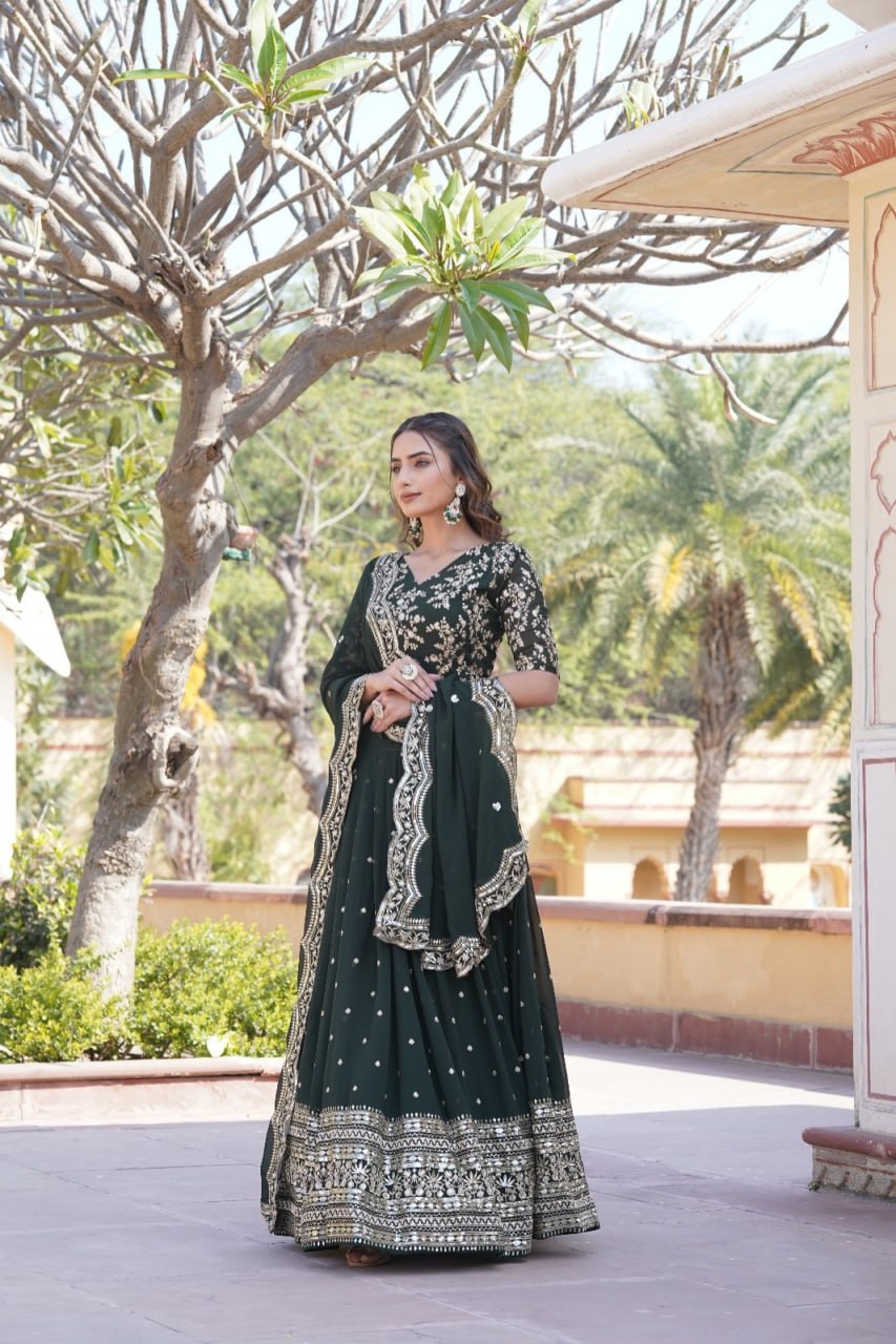 "Green Sequins Embroidered Lehenga Choli Set with Dupatta - Elegant Ethnic Ensemble"