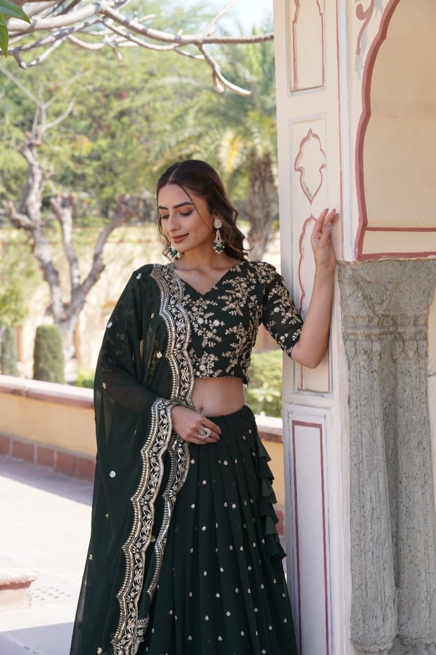 "Green Sequins Embroidered Lehenga Choli Set with Dupatta - Elegant Ethnic Ensemble"