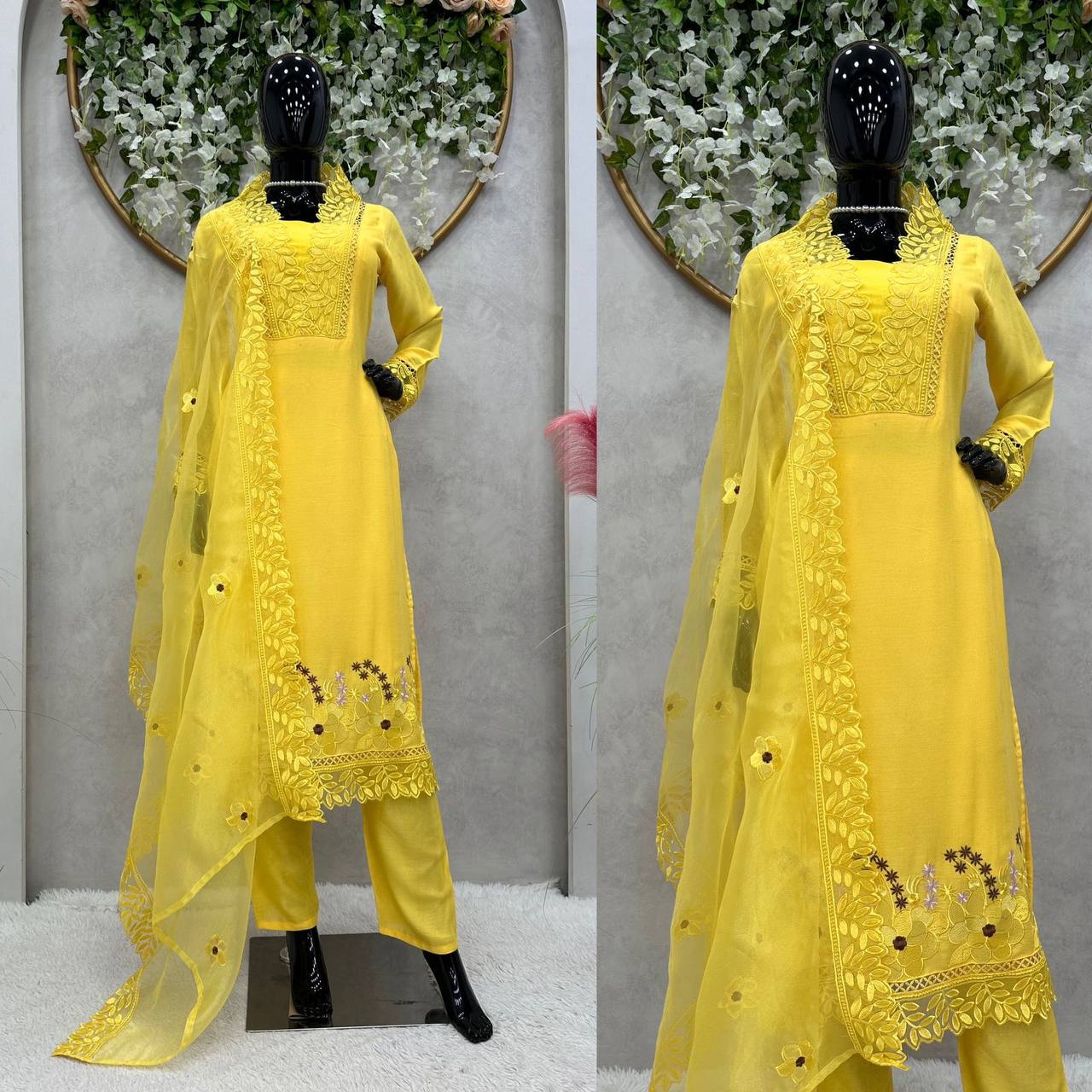 "Yellow Muslin Cotton Embroidered Kurta Set with Organza Dupatta