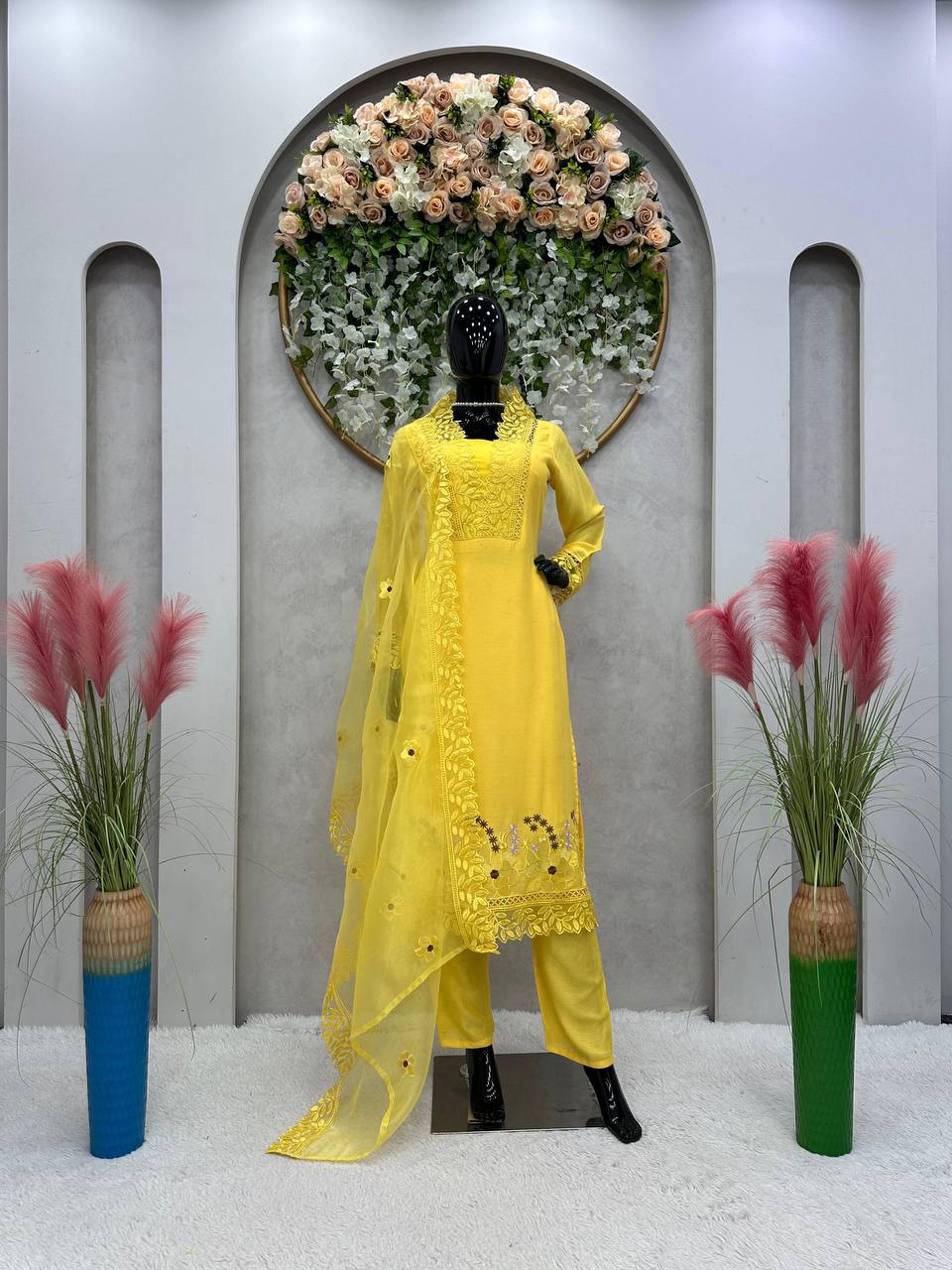 "Yellow Muslin Cotton Embroidered Kurta Set with Organza Dupatta