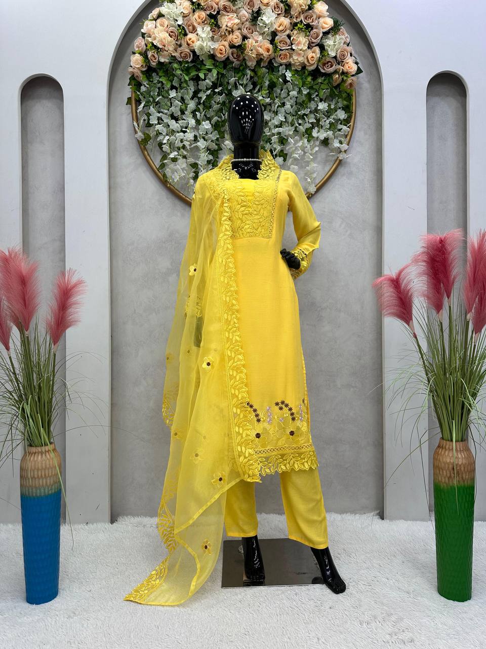 "Yellow Muslin Cotton Embroidered Kurta Set with Organza Dupatta