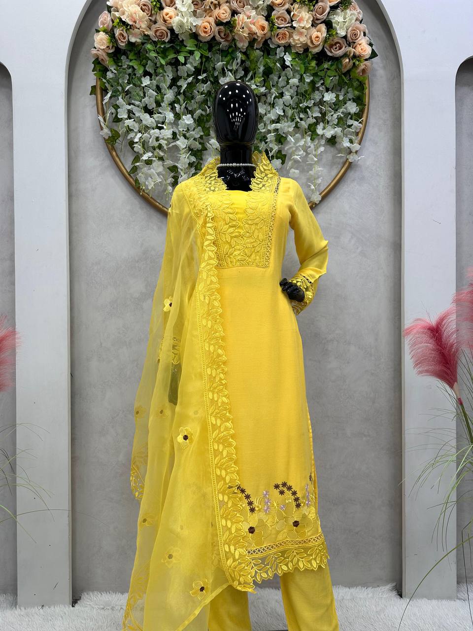 "Yellow Muslin Cotton Embroidered Kurta Set with Organza Dupatta