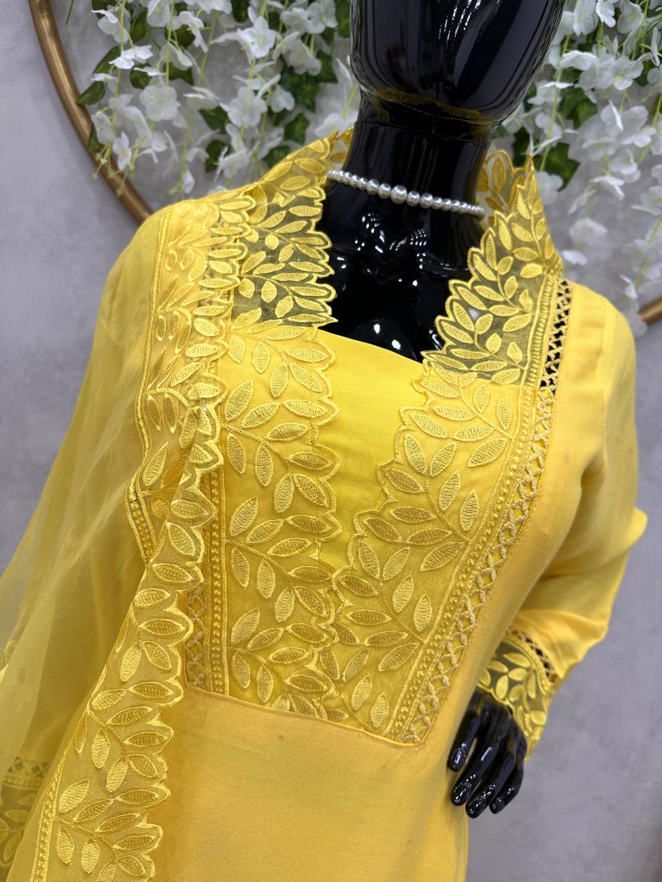 "Yellow Muslin Cotton Embroidered Kurta Set with Organza Dupatta