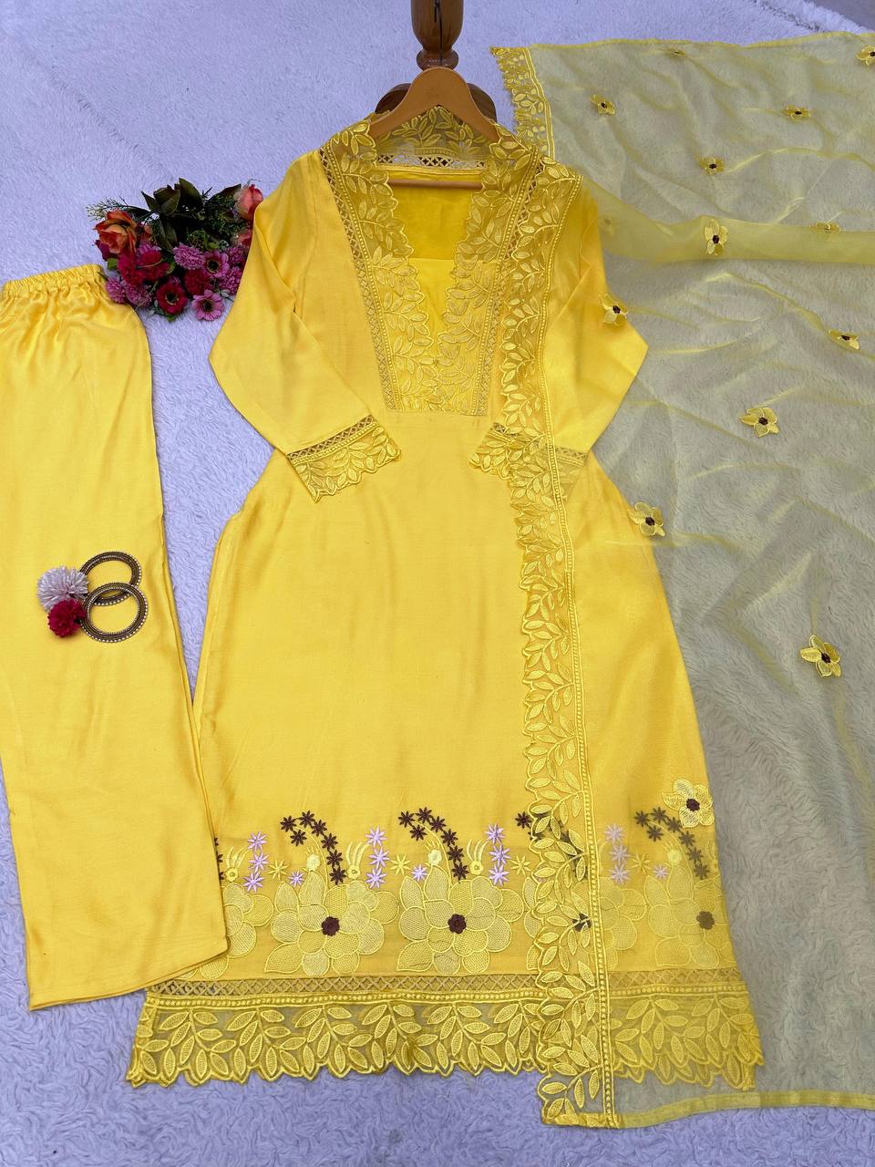 "Yellow Muslin Cotton Embroidered Kurta Set with Organza Dupatta