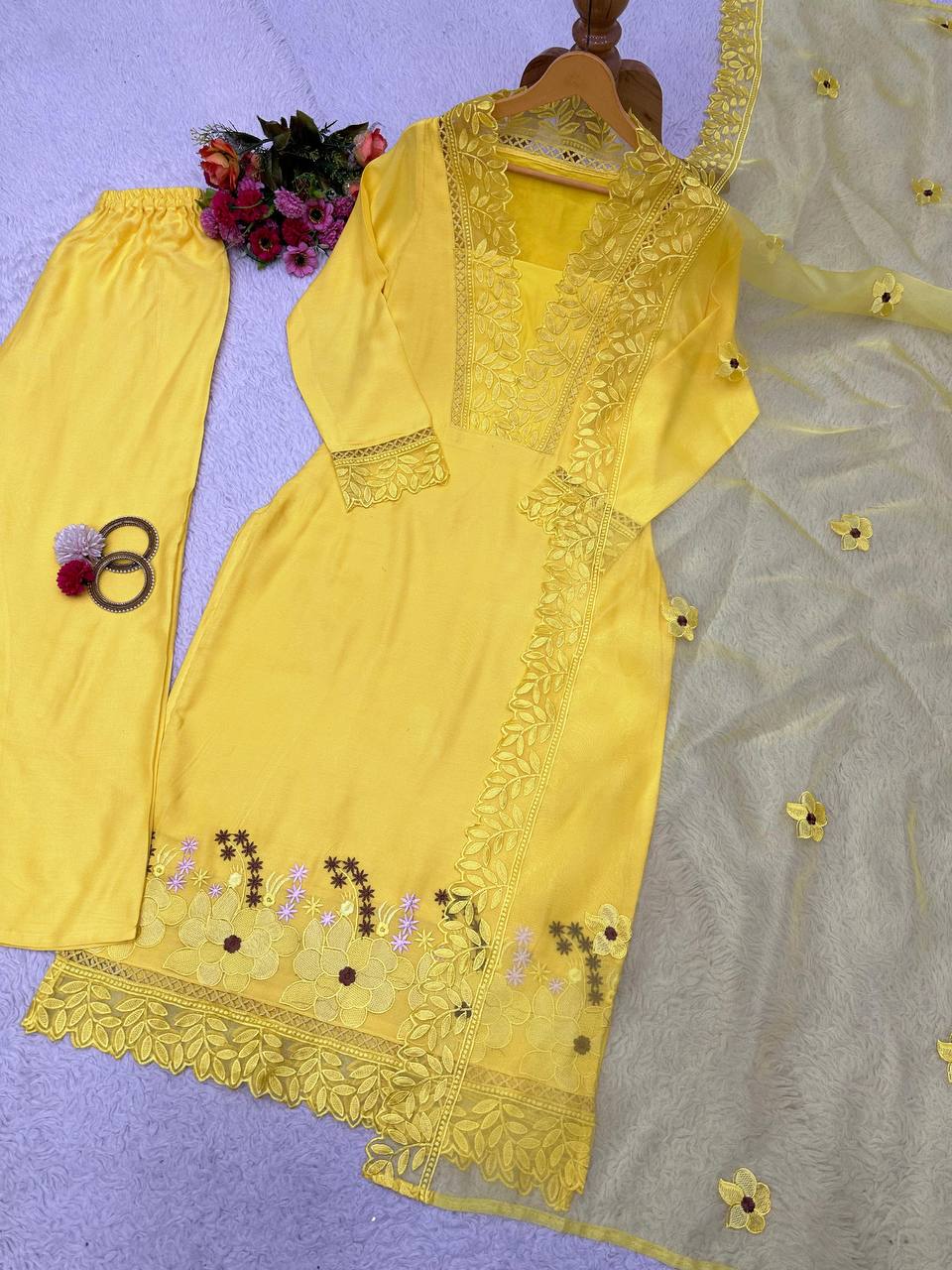 "Yellow Muslin Cotton Embroidered Kurta Set with Organza Dupatta