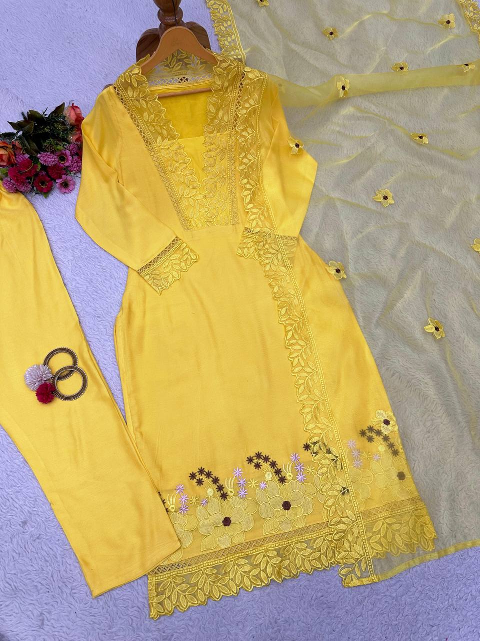 "Yellow Muslin Cotton Embroidered Kurta Set with Organza Dupatta