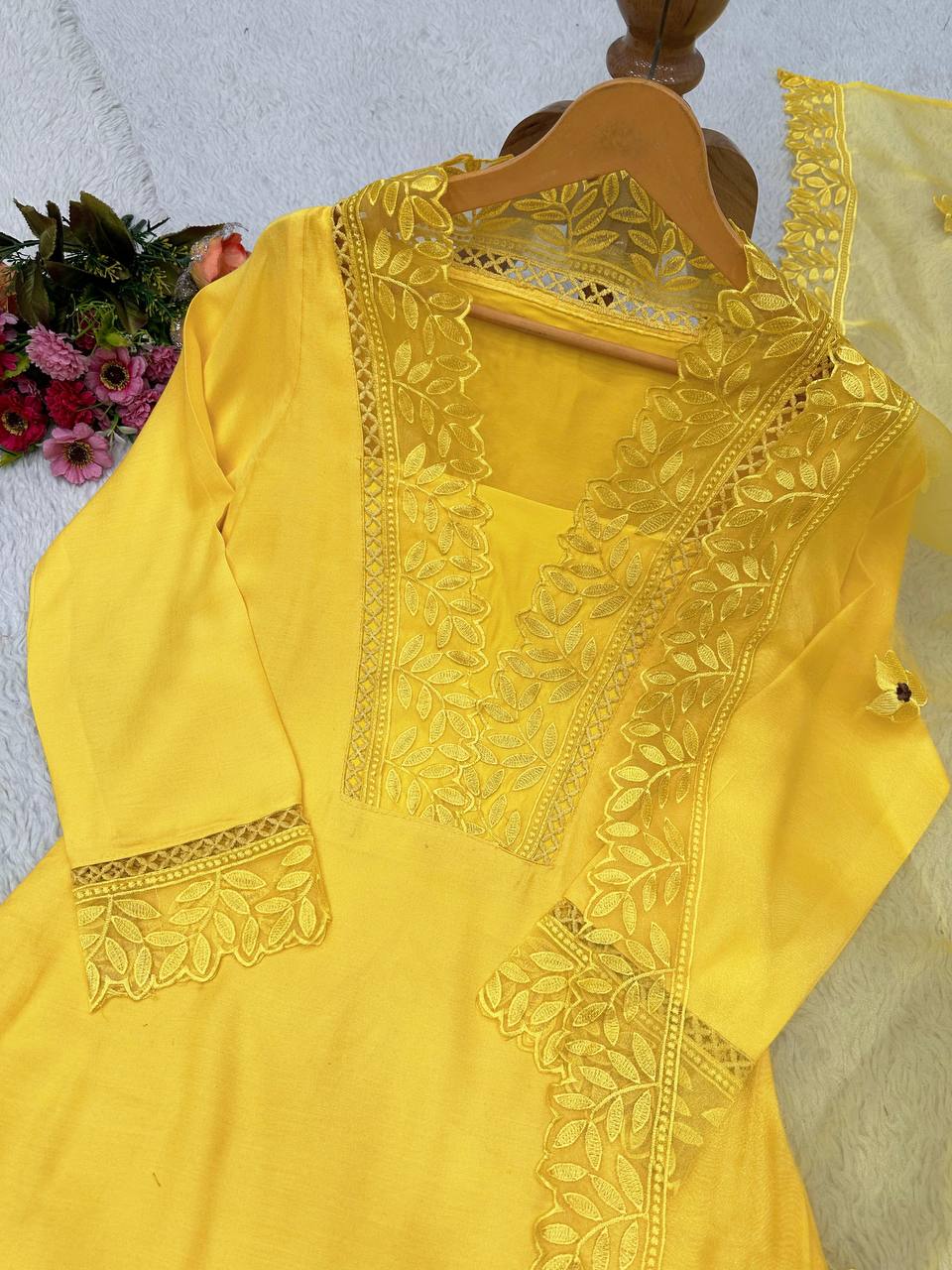 "Yellow Muslin Cotton Embroidered Kurta Set with Organza Dupatta