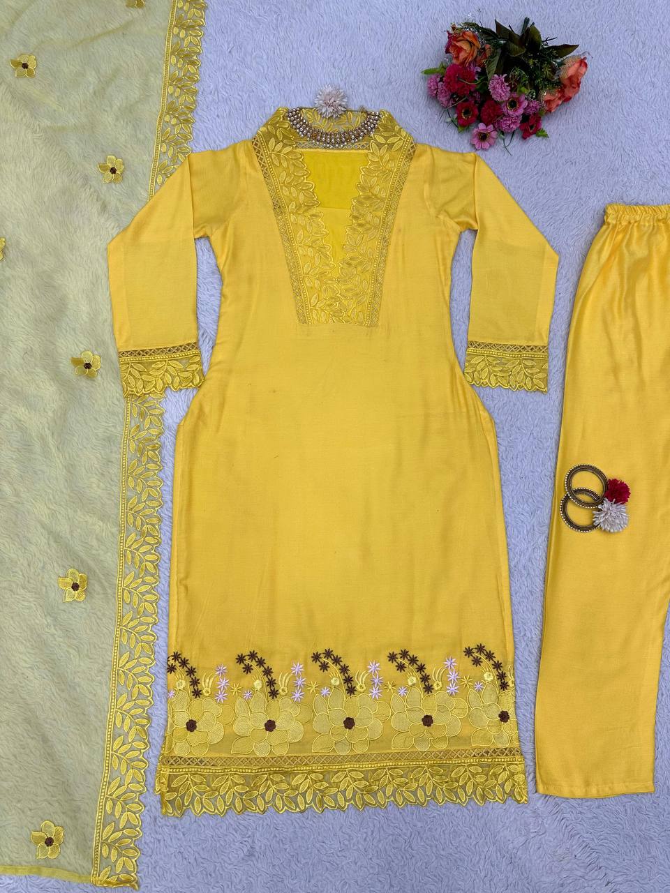 "Yellow Muslin Cotton Embroidered Kurta Set with Organza Dupatta