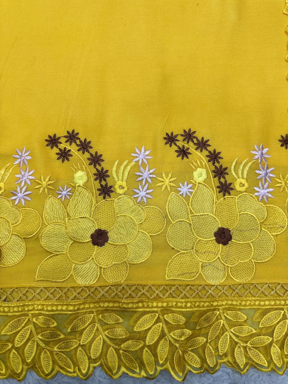 "Yellow Muslin Cotton Embroidered Kurta Set with Organza Dupatta