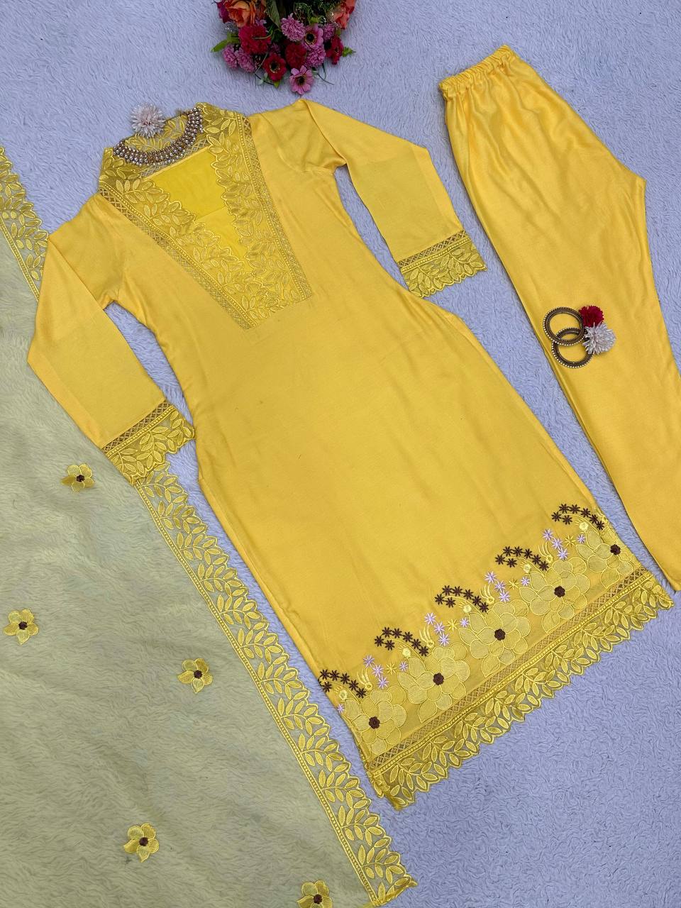 "Yellow Muslin Cotton Embroidered Kurta Set with Organza Dupatta