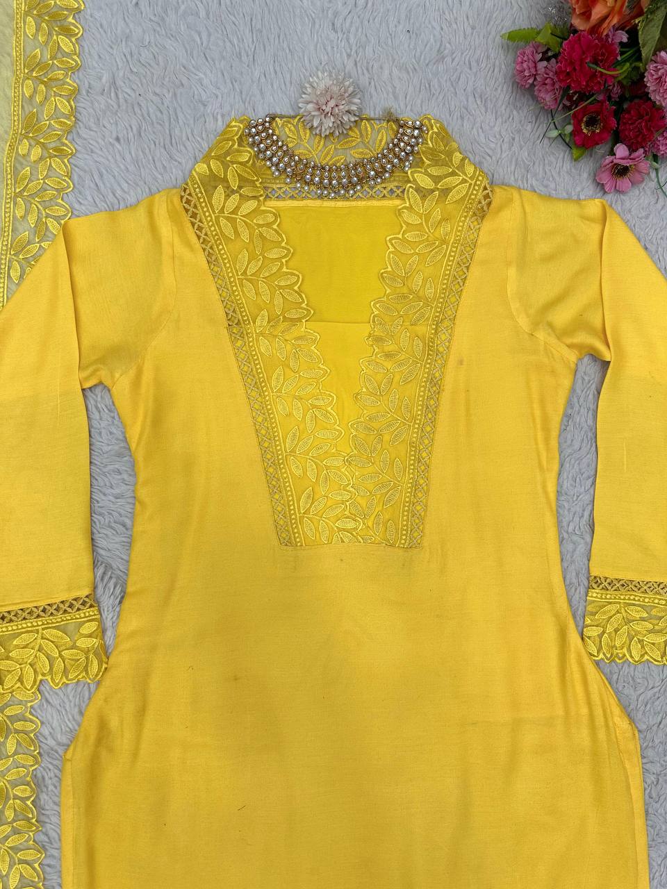 "Yellow Muslin Cotton Embroidered Kurta Set with Organza Dupatta