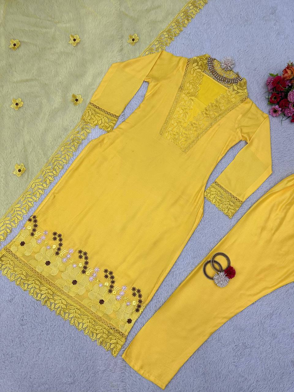 "Yellow Muslin Cotton Embroidered Kurta Set with Organza Dupatta