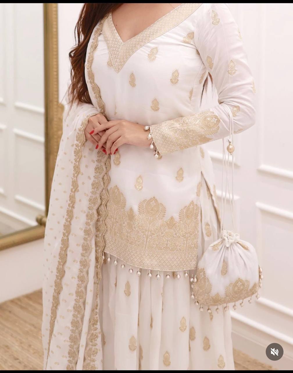 "White Fox Georgette Sequence Embroidery Kurta Lehenga with Dupatta Set"