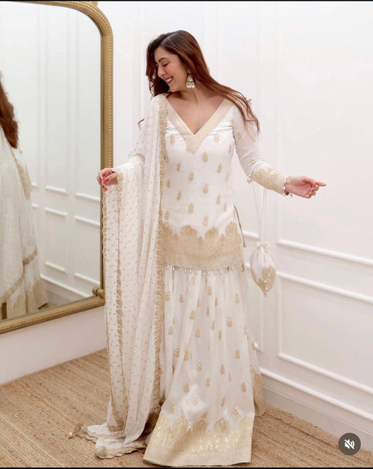 "White Fox Georgette Sequence Embroidery Kurta Lehenga with Dupatta Set"