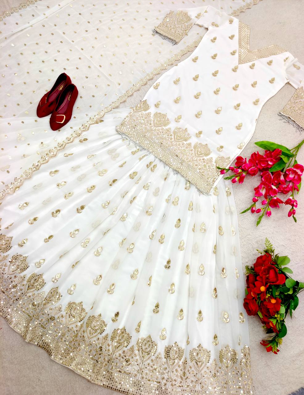 "White Fox Georgette Sequence Embroidery Kurta Lehenga with Dupatta Set"