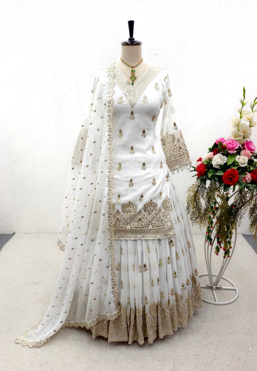 "White Fox Georgette Sequence Embroidery Kurta Lehenga with Dupatta Set"