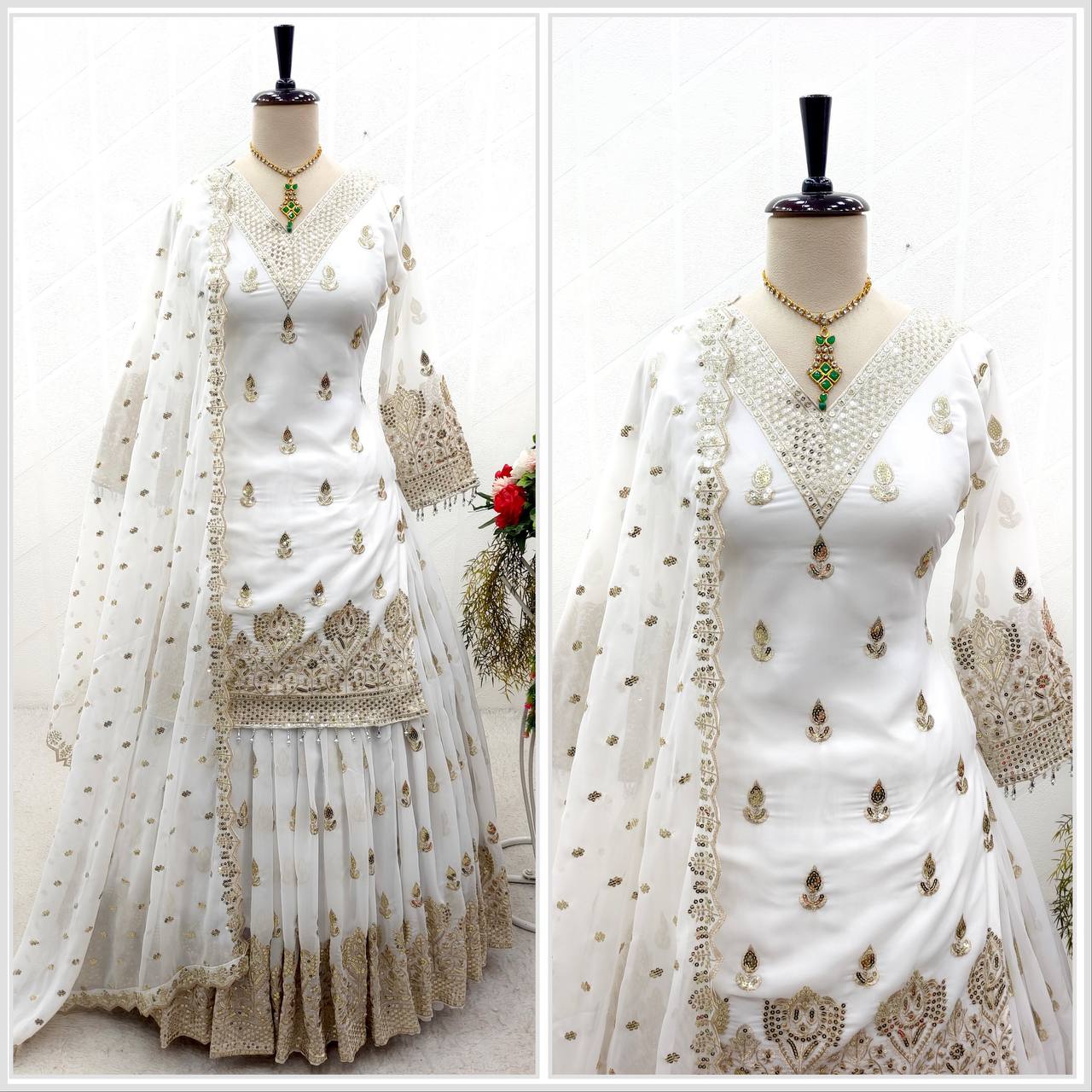 "White Fox Georgette Sequence Embroidery Kurta Lehenga with Dupatta Set"