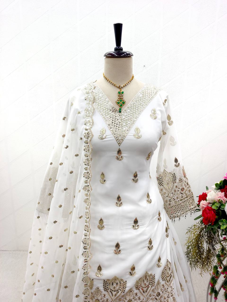 "White Fox Georgette Sequence Embroidery Kurta Lehenga with Dupatta Set"